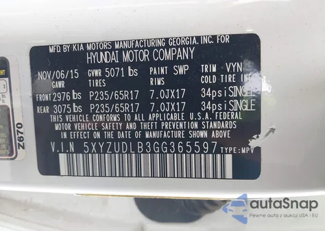 2016 Hyundai Santa Fe Sport 2.4L z USA, uszkodzony, nr VIN 5XYZUDLB3GG365597